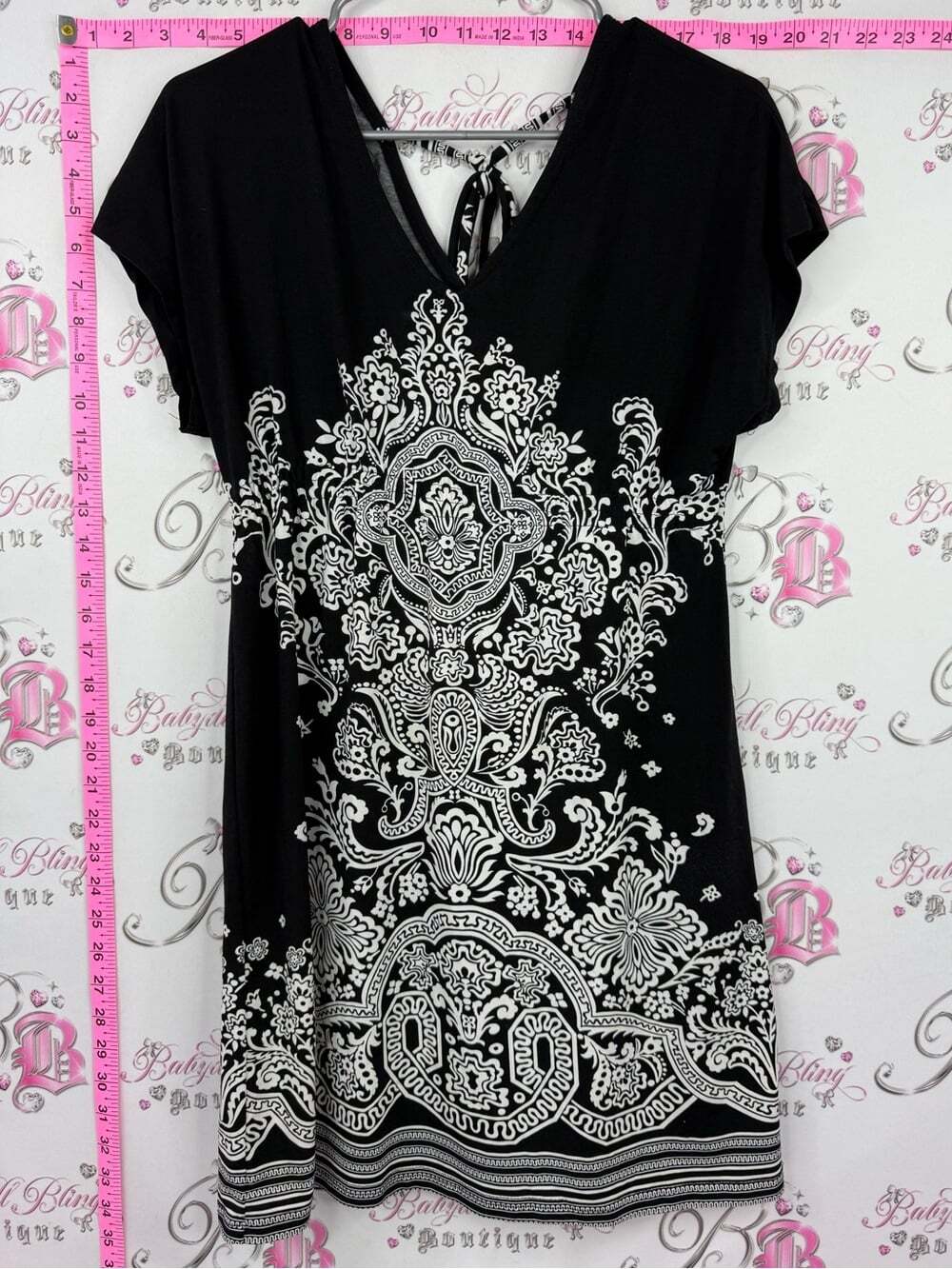 KATIE dress tshirt Brand Black V-Neck Tunic with White Ornate Print